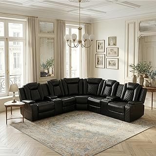Power Reclining Sectional Sofa, Black Leather Couch with Recliners, Air ...