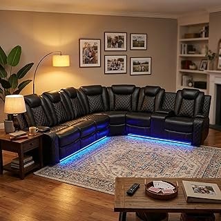 Power Reclining Sectional Sofa Set with LED Lights, 6-Seater Black Leath...