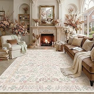 PureCozy 8x10 Pink Area Rug for Living Room Bedroom Washable Vintage Flo...