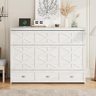 Queen Size Murphy Bed Cabinet with Drawers and USB Charging Station, Spa...