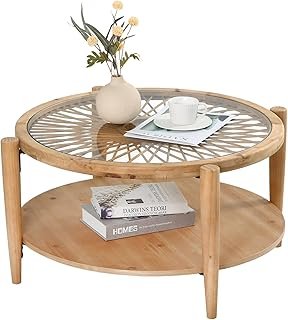 RUSTOWN Rattan Coffee Tables,2-Tier Round Boho Cocktail Tables, Mid Cent...