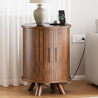 Round End Table with Storage - Fluted Side Table with Charging Station, ...