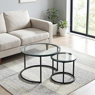 Round Nesting Coffee Table Set of 2, Modern Glass Nesting Tables, Stacki...