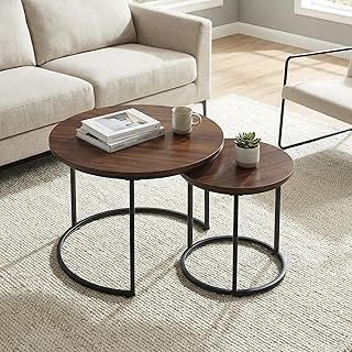 Round Nesting Coffee Table Set of 2, Modern Marble Pattern Wooden Nestin...