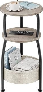 Round Side Table with Storage Basket –Small Space Saving End Table 3-Tie...