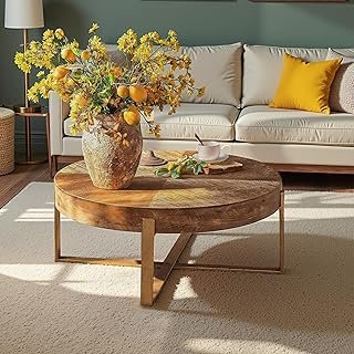 Round Wood Coffee Table for Living Room - Circle Wooden Coffee Table wit...