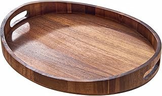 SARUFO Acacia Wood Round Ottoman Tray – Decorative Serving Tray with Han...