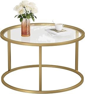 SAYGOER Small Glass Coffee Table Round Gold Coffee Table for Small Space...