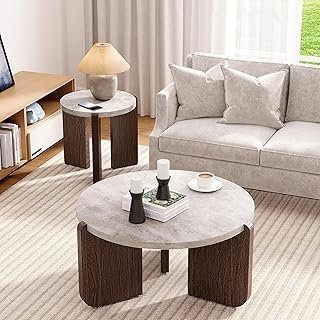 SUNBURY Modern Round Coffee Table with Sturdy Base, Wood Center Tables f...
