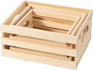 Set of 3 Rustic Wooden Nesting Crates with Handles, Decorative Wood Crat...