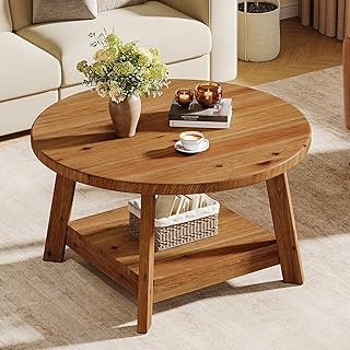 Solid Wood Round Coffee Table for Living Room, 31.5” Farmhouse Wooden 2-...
