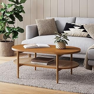 Sonia Bohemian 2-Tier Oval Coffee Table, Living Room Cane Table with Sto...