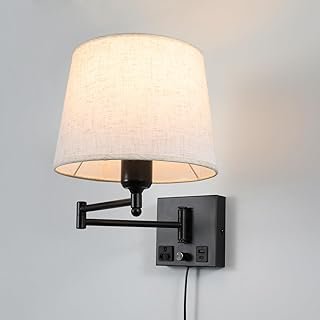 Swing Arm Wall Sconce with Linen Fabric Shade, USB-A & USB-C Charging Po...
