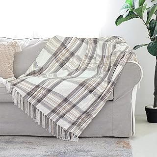 Taupe Grey and White Plaid Decor Tartan Blanket, Lightweight Soft Chenil...