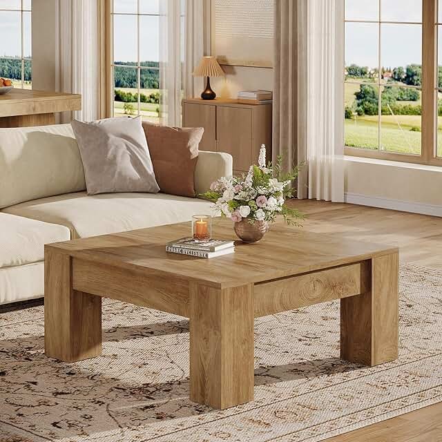Tribesigns Square Coffee Table, 39-Inch Farmhouse Wooden Coffee Table wi...