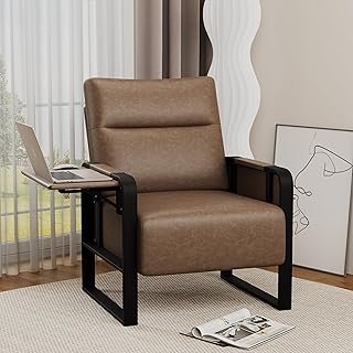 Upholstered Living Room Chair Armchair, Mid Century Faux Leather Metal A...