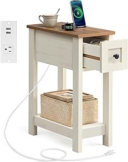 VASAGLE Farmhouse End Table with Storage Drawer, Narrow Side Table with ...
