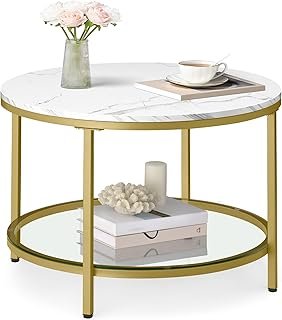 VASAGLE Round Coffee Table, 2-Tier Small Coffee Table with Faux Marble T...