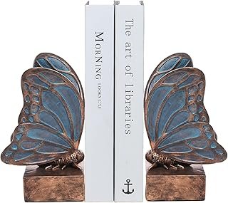 Vintage Blue Butterfly Bookends,Resin Book Ends for Shelves,Heavy Duty D...