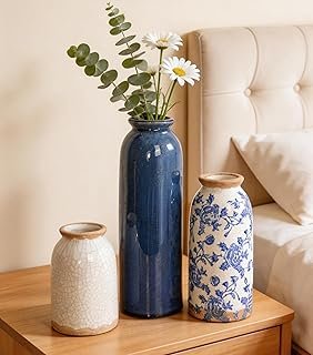 Vintage Ceramic Vase Set of 3, Blue and White Small Flower Vase Chinoise...