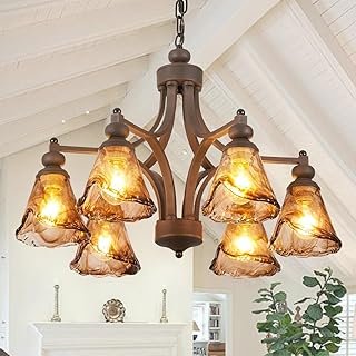 Vintage Farmhouse Chandelier, 27 Inch Adjustable Amber Glass Rust-Finish...