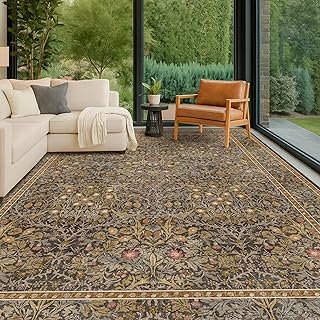 Vintage Floral Living Room Rug 8x10, Gold Brown Washable Area Rugs for B...