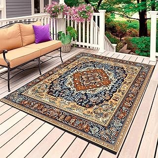 Vintage Floral Outdoor Rug 5 x 8 Ft, Brown Orange Classical Bohemian Far...