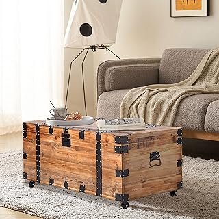 Vintage Industrial Trunk Coffee Table with 4 Wheels, 41 in Reclaimed Woo...