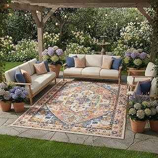 Vintage Medallion Large Outdoor Rug for Partio Balcony Deck Porch Campin...