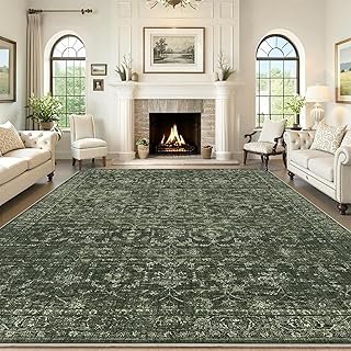 Washable Area Rug 8x10 Green Rugs for Living Room, Vintage Boho Large Ru...