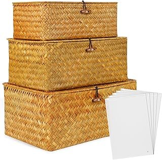 Wicker Shelf Baskets with Lid,Handwoven Seagrass Basket Storage Bins Rec...