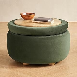 mopio Luna Round Ottoman with Storage and Tray, Round Coffee Table with ...
